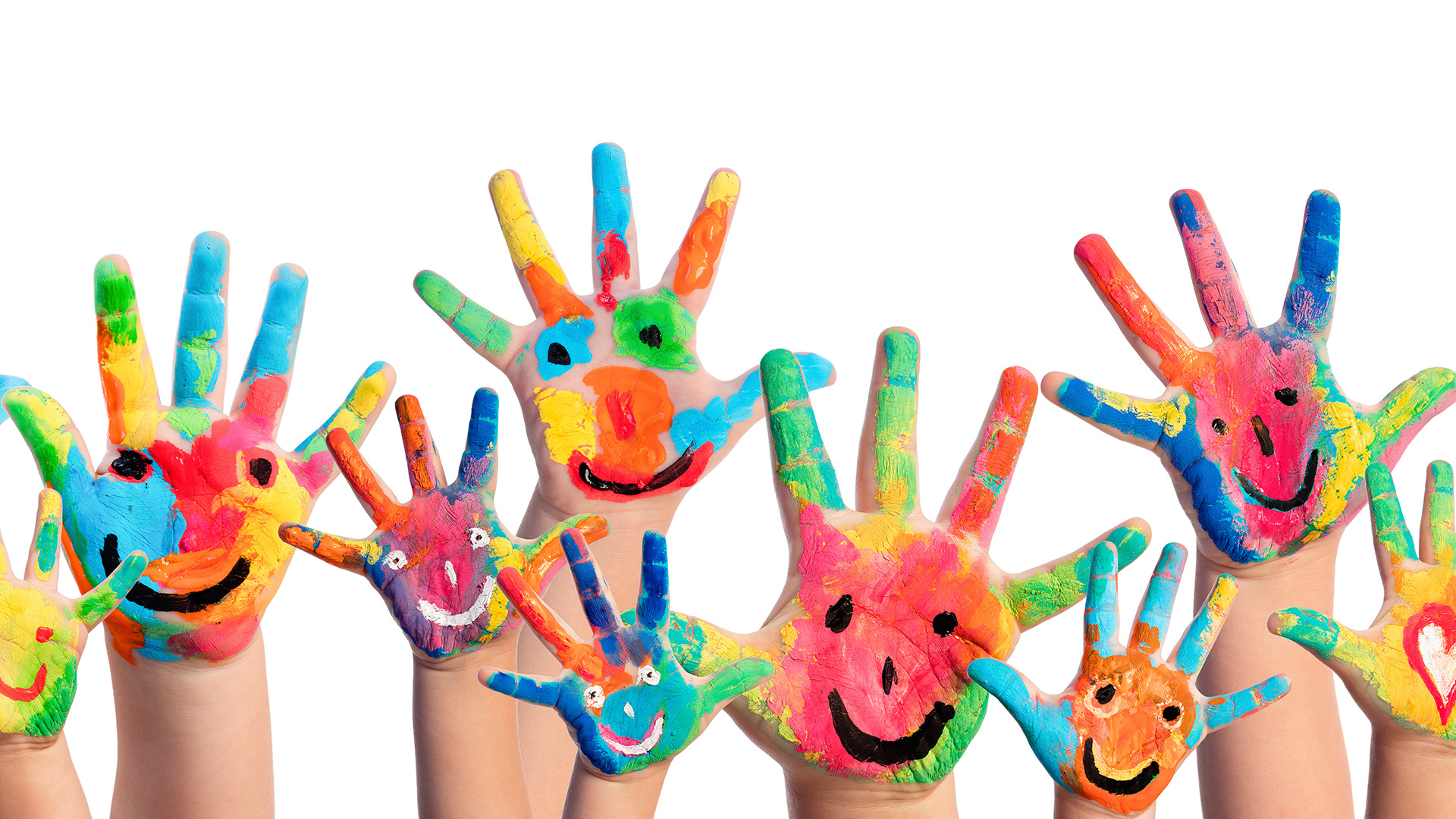 A group of colorful handprints with smiling faces on them, arranged to look like hands reaching out.