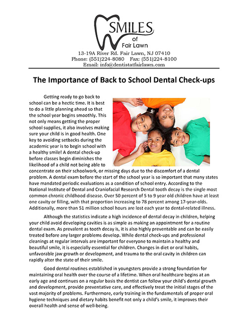 The image is a digital flyer for a dental practice named  Smiles Dental,  featuring a photograph of a family with children smiling at the camera, accompanied by text that promotes dental checkups for school-aged children and includes contact information for the practice.