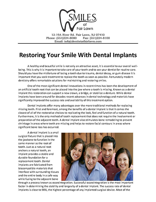 The image displays a newspaper advertisement for a dental implant clinic named  Smiles Family Dental Implants.  It features a smiling family of three, with text above the image stating,  Restoring your smile with dental implants.