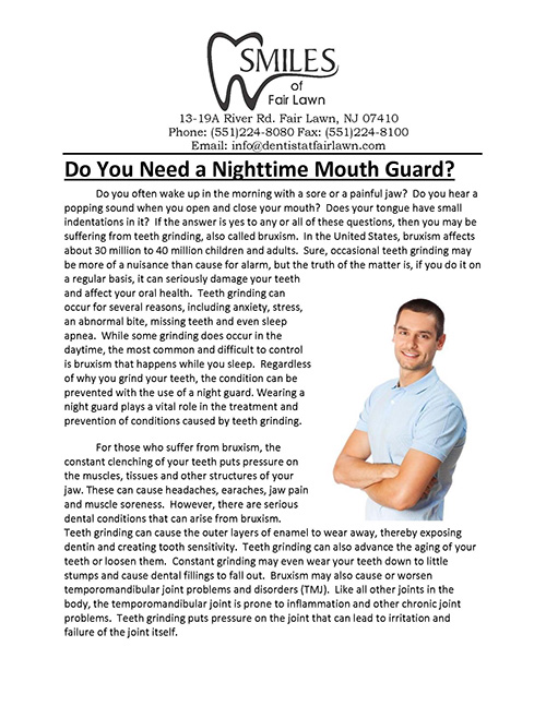 The image shows a printed advertisement with a headline that reads  Do you need a nighttime mouth guard   Below the headline, there s an article snippet discussing the importance of using a mouthguard during sleep for dental protection. The ad features a smiling man in the background and includes contact information at the bottom for a business named  Smiles Dental.