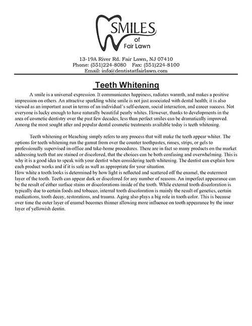 The image displays a document with text, which appears to be an article or informational paper titled  Smiles Dental  Teeth Whitening.  It includes a subtitle that reads  A Smile Makeover,  followed by a paragraph of text discussing the process and benefits of teeth whitening. The document is presented against a neutral background and features a simple, clean design with a focus on readability.