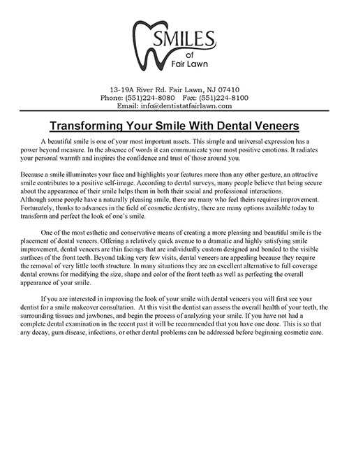 The image displays a document with text and graphics. It features a logo at the top right corner, which appears to be for  Smiles Dental,  followed by a heading that reads  Transforming your smile with dental veneers.  The main body of the text discusses the benefits of dental veneers, highlighting their ability to improve one s appearance and confidence.