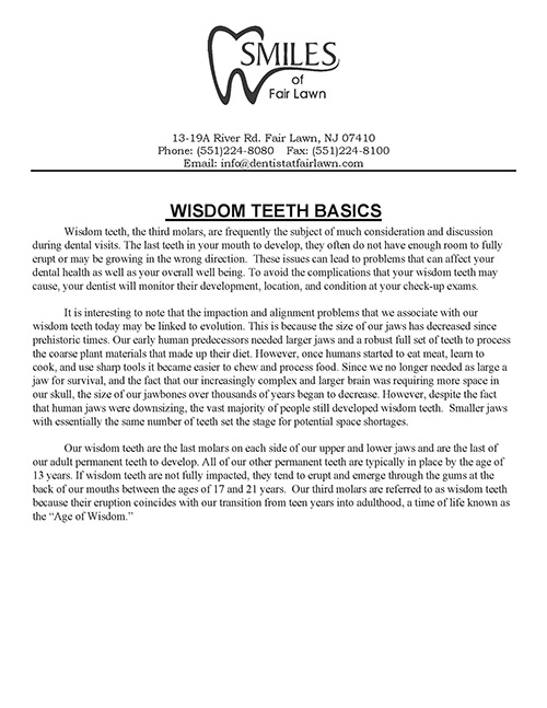 The image displays a document with text that includes the name  Smiles at Fair Lawn  and mentions  wisdom teeth basics,  suggesting educational content related to dental care, specifically focusing on wisdom teeth.