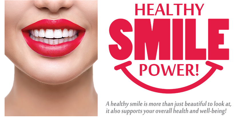 The image shows a close-up of a person s face with red lipstick, featuring a logo for  Healthy Smile Power  with text around it.