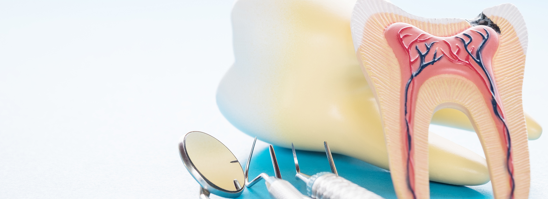 The image displays a close-up of dental instruments and models, including a toothbrush, dental floss, and an illustration of a tooth with a cavity, all set against a light blue background.